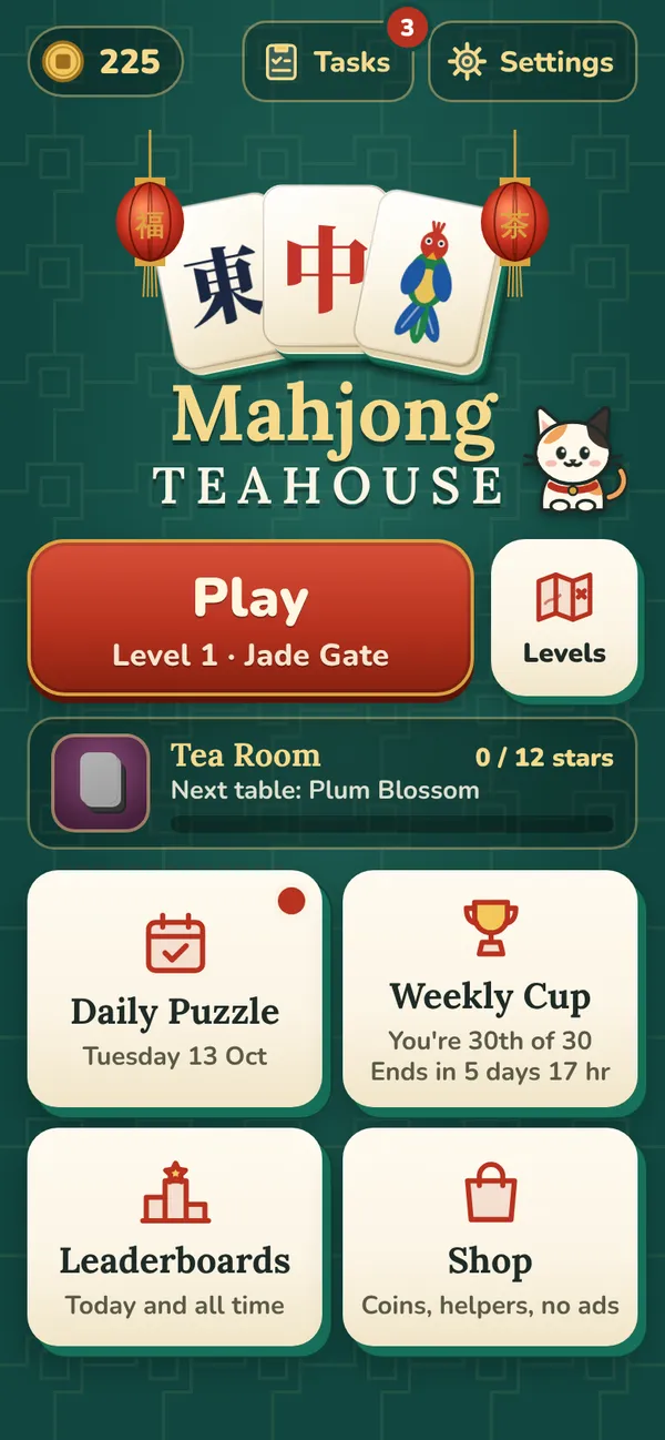 The Mahjong Teahouse home screen, with Mochi the cat, the daily puzzle and the weekly cup
