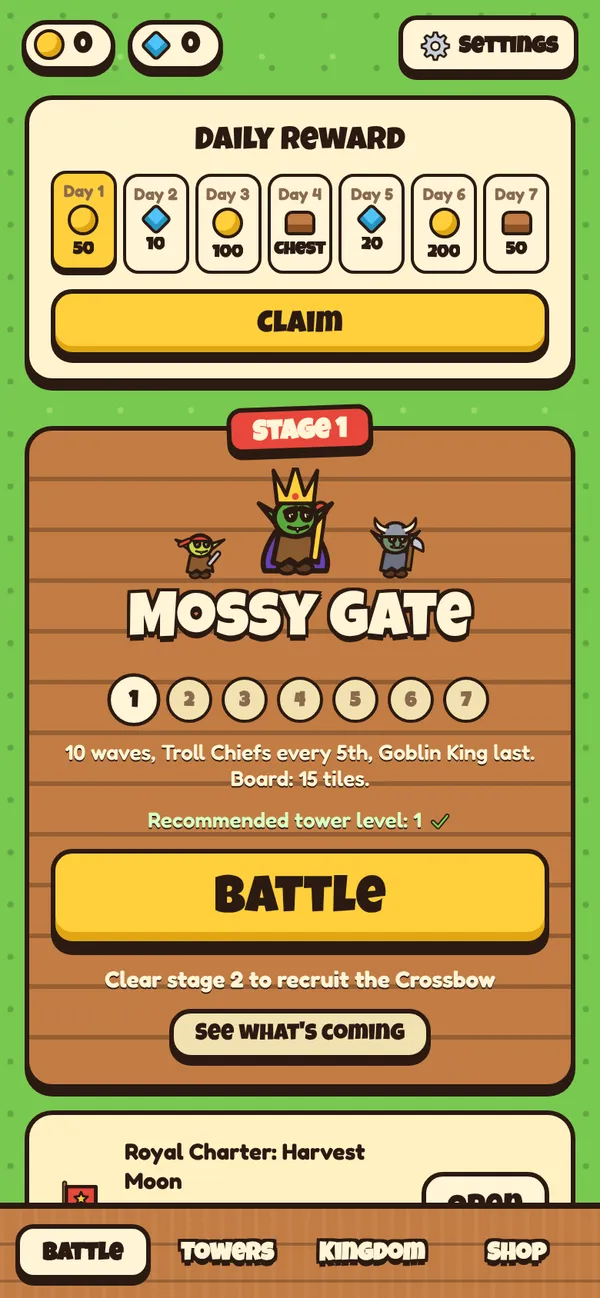 The Merge Keep home screen for the first stage, Mossy Gate