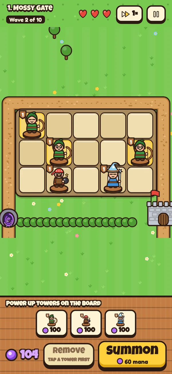 A Merge Keep battle, with archers and a wizard defending the castle