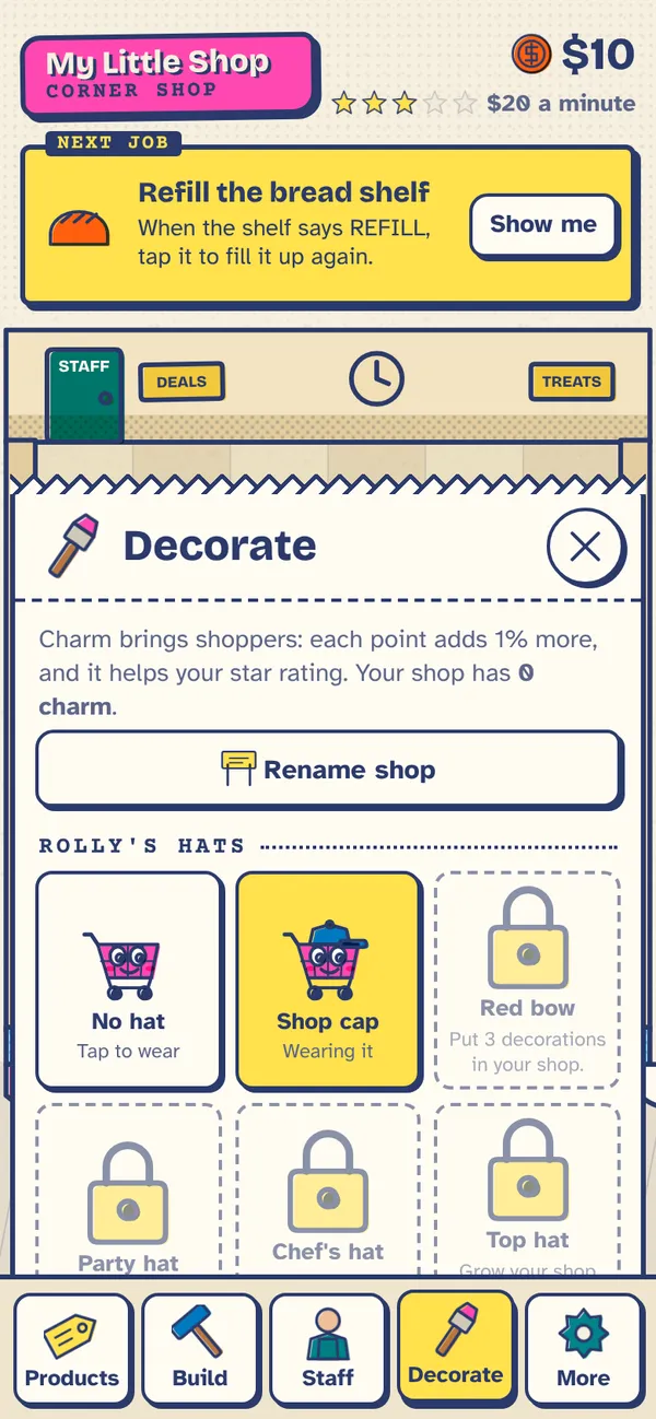 Choosing hats for Rolly the trolley in the Shelf Life decorate menu